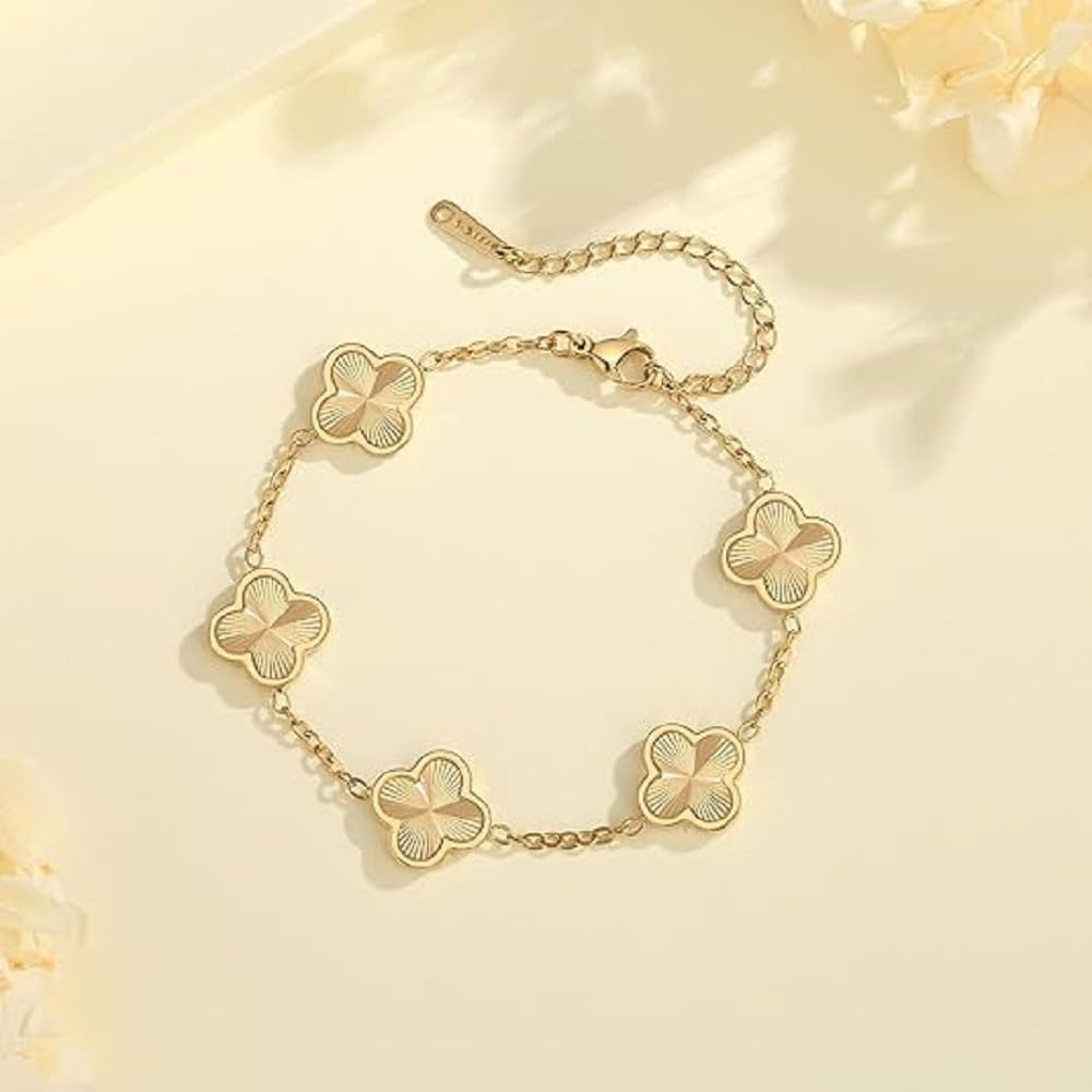 18K Gold-Plated Mother of Pearl Enamel, Adjustable Clover Lucky Bracelet for Women