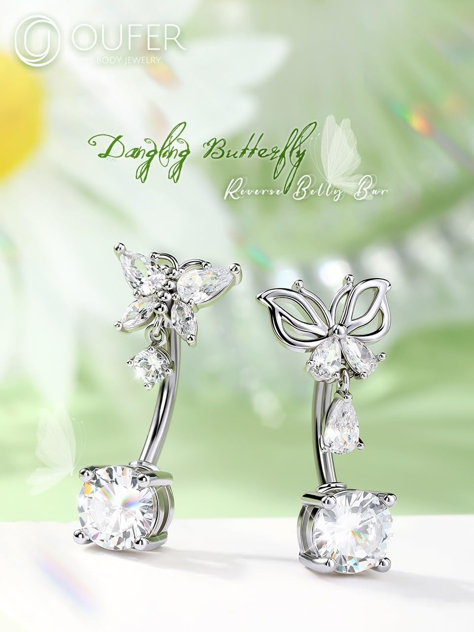 OUFER Belly Button Rings, Butterfly Belly Rings, 316L Surgical Steel Navel Rings, Clear CZ Belly Piercing Jewelry, Dangle Belly Rings for Women Men
