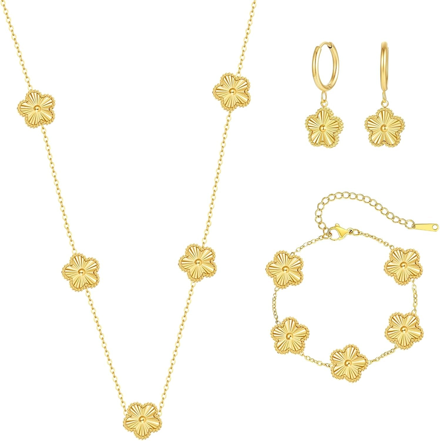 Clover Jewelry Set with Flower Design Four Leaf Clover Necklace for Women Lucky Clover Bracelet Earrings for Wife 3Pcs Floral Style Clover Jewelry Gift (Gold)
