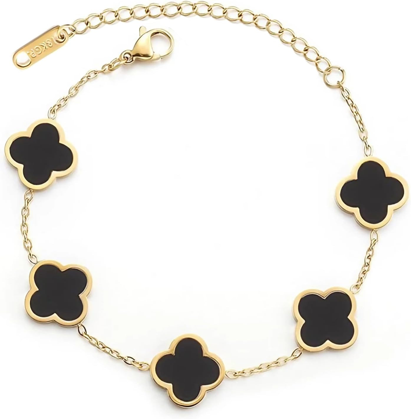Double Sided 18K Gold Plated Clover Bracelet for Women, Dupe Four Leaf Flower Lucky Chain Bangle, Cute Jewelry Gift for Her Mom Wife