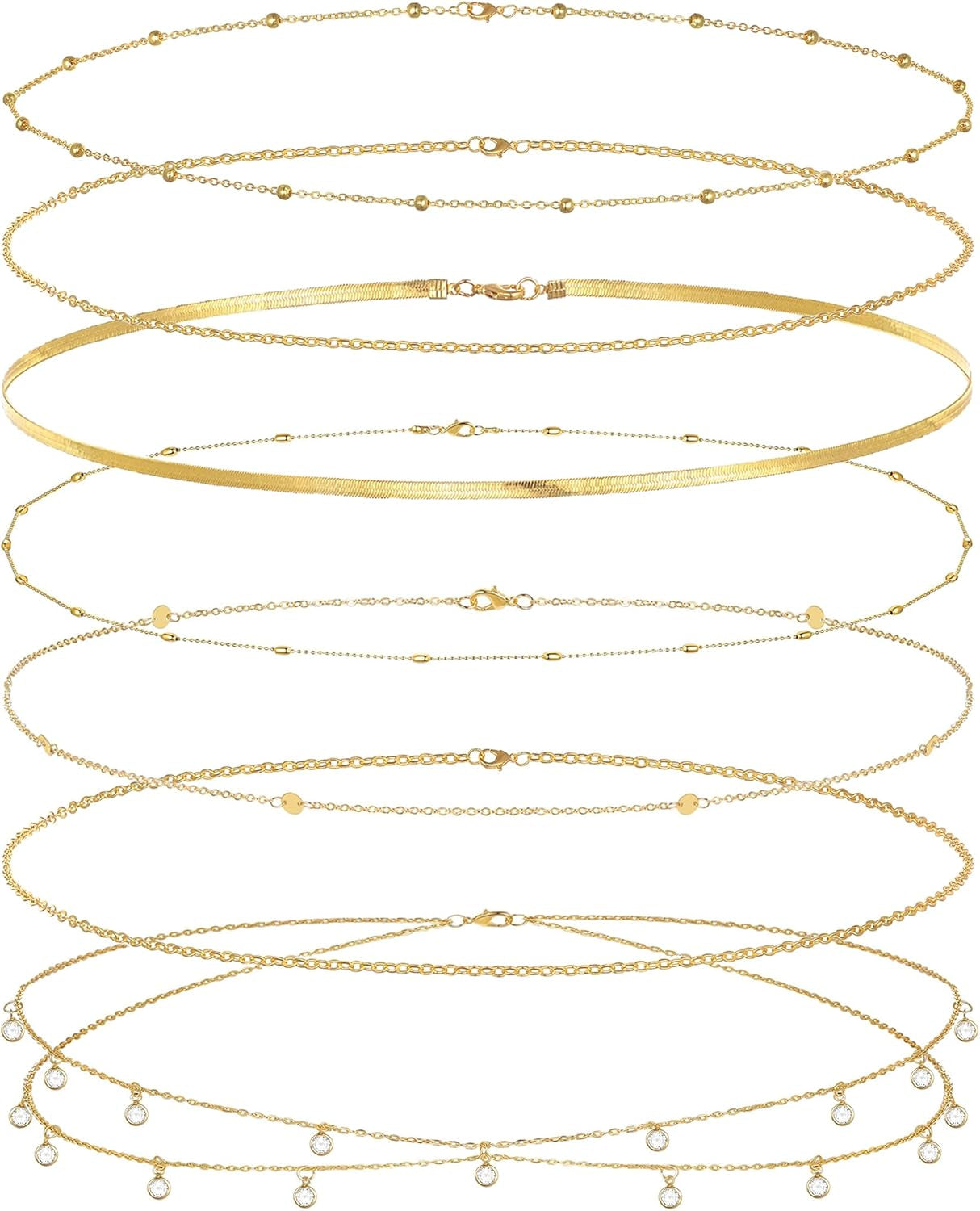 8Pcs Waist Chain 18K Gold Plated Belly Belt Chains Sexy Bikini Summer Beach Satellite Beaded Sequin Snake Layered Coin CZ Body Chain Jewelry Accessories for Women Gold Silver Tone Adjustable