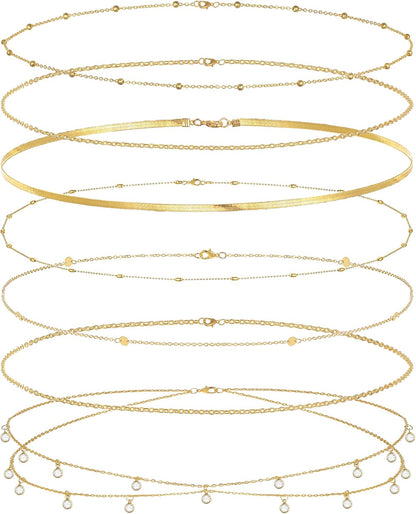 8Pcs Waist Chain 18K Gold Plated Belly Belt Chains Sexy Bikini Summer Beach Satellite Beaded Sequin Snake Layered Coin CZ Body Chain Jewelry Accessories for Women Gold Silver Tone Adjustable