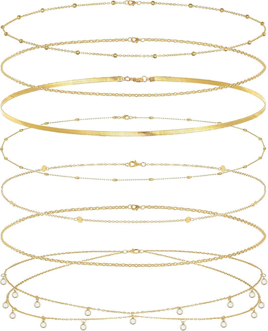 8Pcs Waist Chain 18K Gold Plated Belly Belt Chains Sexy Bikini Summer Beach Satellite Beaded Sequin Snake Layered Coin CZ Body Chain Jewelry Accessories for Women Gold Silver Tone Adjustable