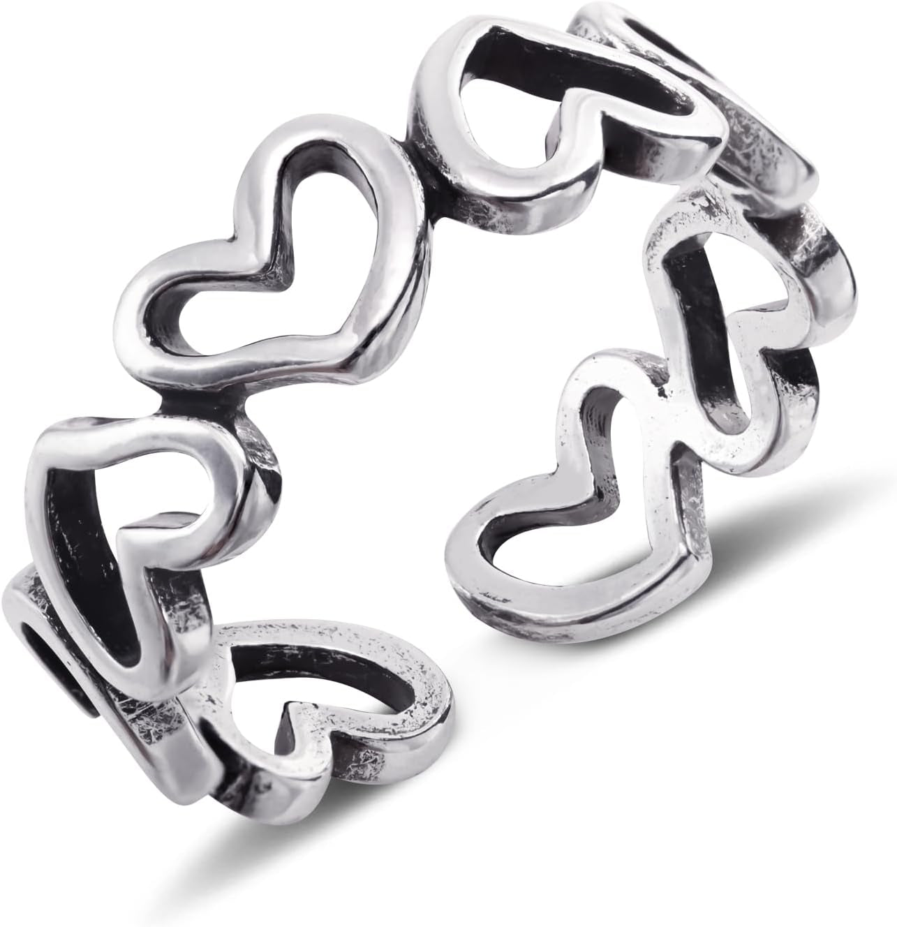 Adjustable silver open heart ring displayed on woman's hand