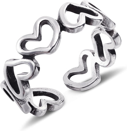 Adjustable silver open heart ring displayed on woman's hand
