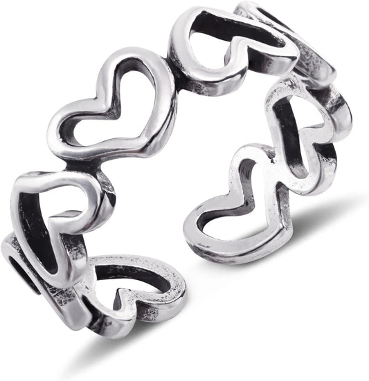 Adjustable silver open heart ring displayed on woman's hand