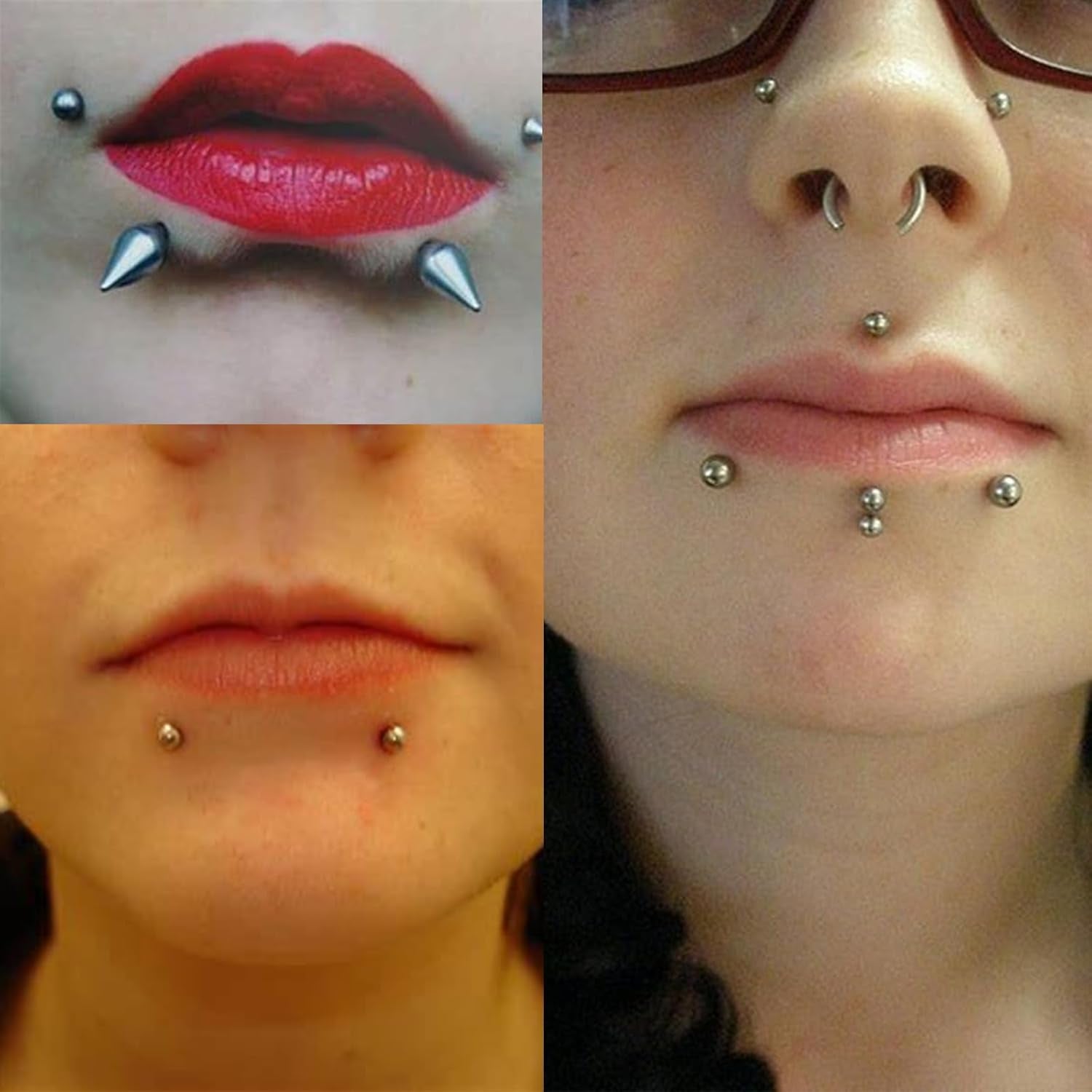 Longita Fake Lip Ring and Nose Piercing Set - Ball Spike, Hoop, Stud, Stick-On Bridge and Eyebrow Ring - Silver, Gold, Black