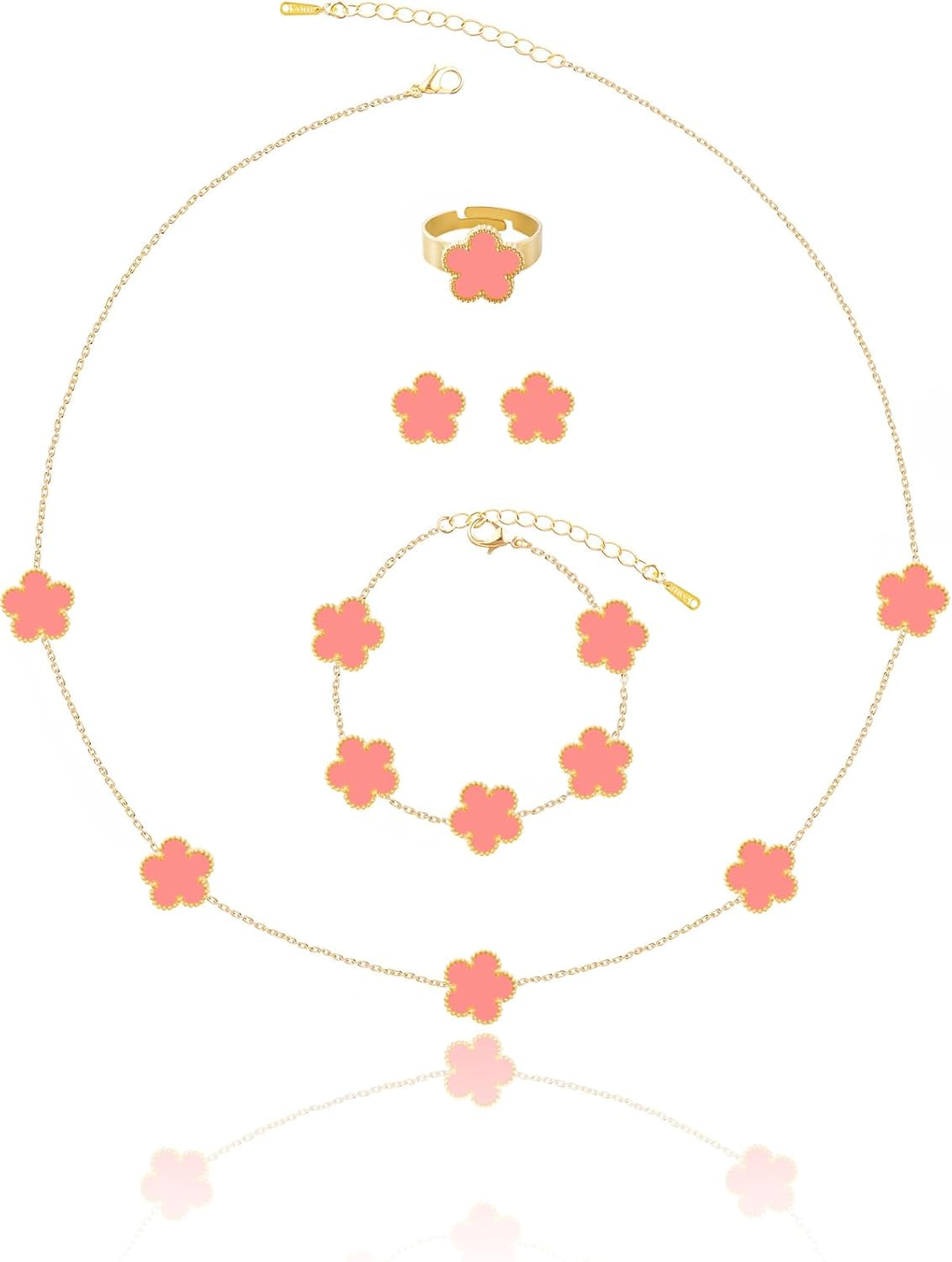 Gold Plated Five Leaf Clover Necklace Bracelet Rings and Stud Earrings Set for Women Lucky Flower Jewelry