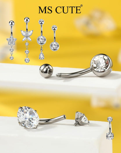 5PCS Belly Button Rings for Women 14G Dangle Navel Piercing Jewelry Set Surgical Stainless Steel Body Jewelry with CZ Butterfly Flower Teardrop Barbell for Beach Festival Daily