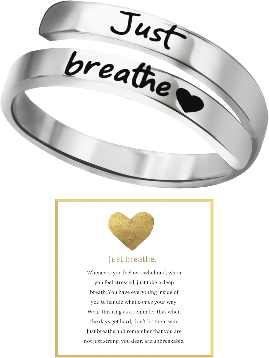 Just Breathe adjustable heart ring with spiral wrap design in stainless steel