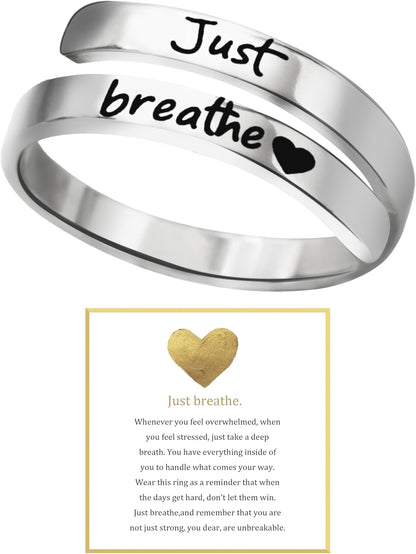 Just Breathe adjustable heart ring with spiral wrap design in stainless steel