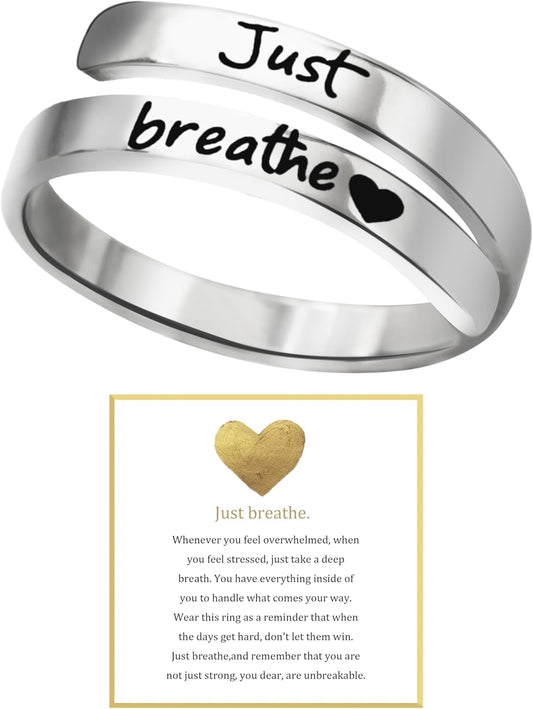 Just Breathe adjustable heart ring with spiral wrap design in stainless steel