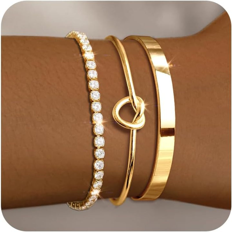 18K gold bracelet stack collection beaded Cuban link paperclip styles