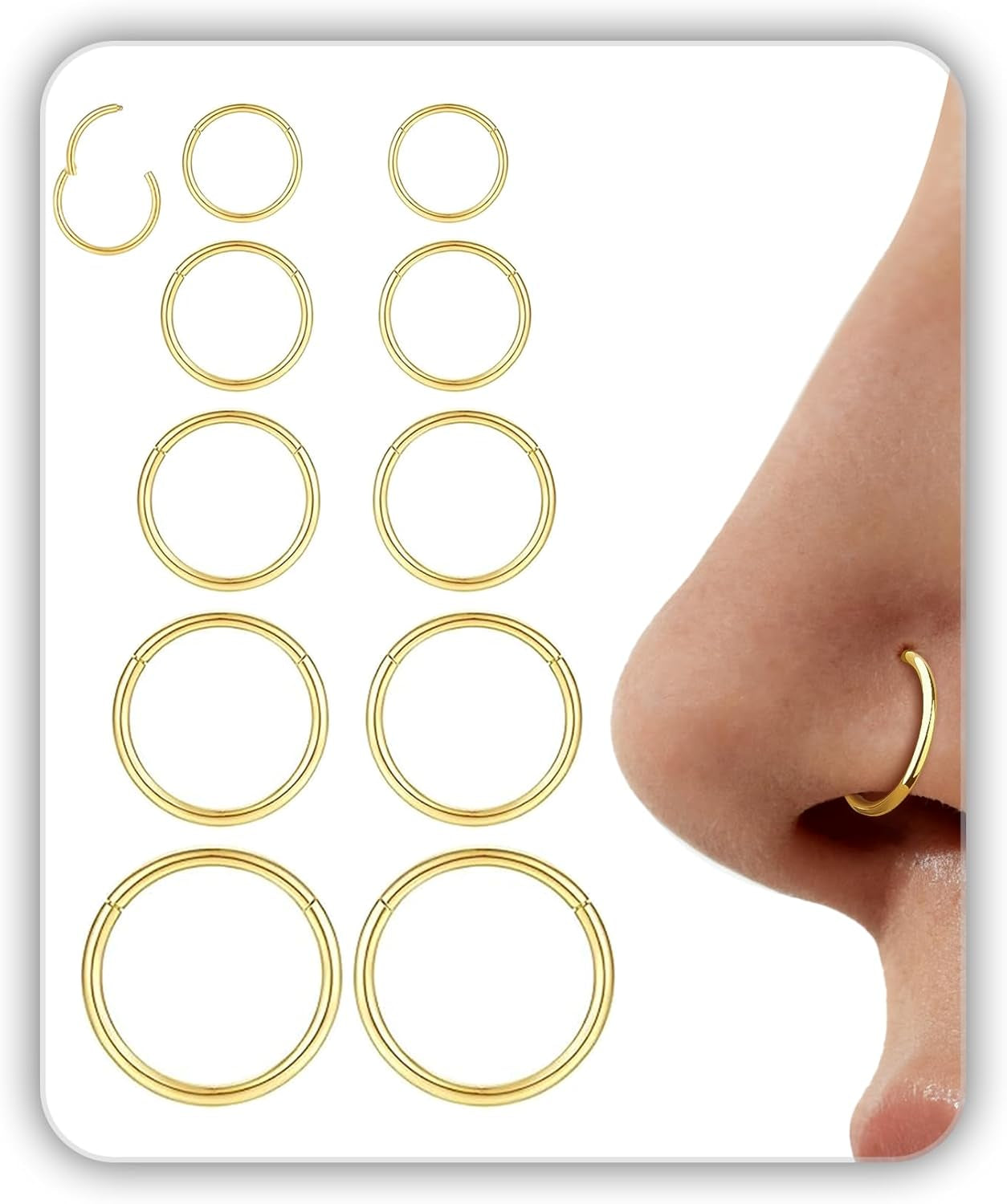 Hypoallergenic 10PCS 16G Large Nose Rings Hoops Set for Women Men, Gold/Silver 316L Surgical Stainless Steel Nose Hoops Hinged Clicker Earrings for Nose Cartilage Body Piercing Jewelry 8/10/12/14/16Mm