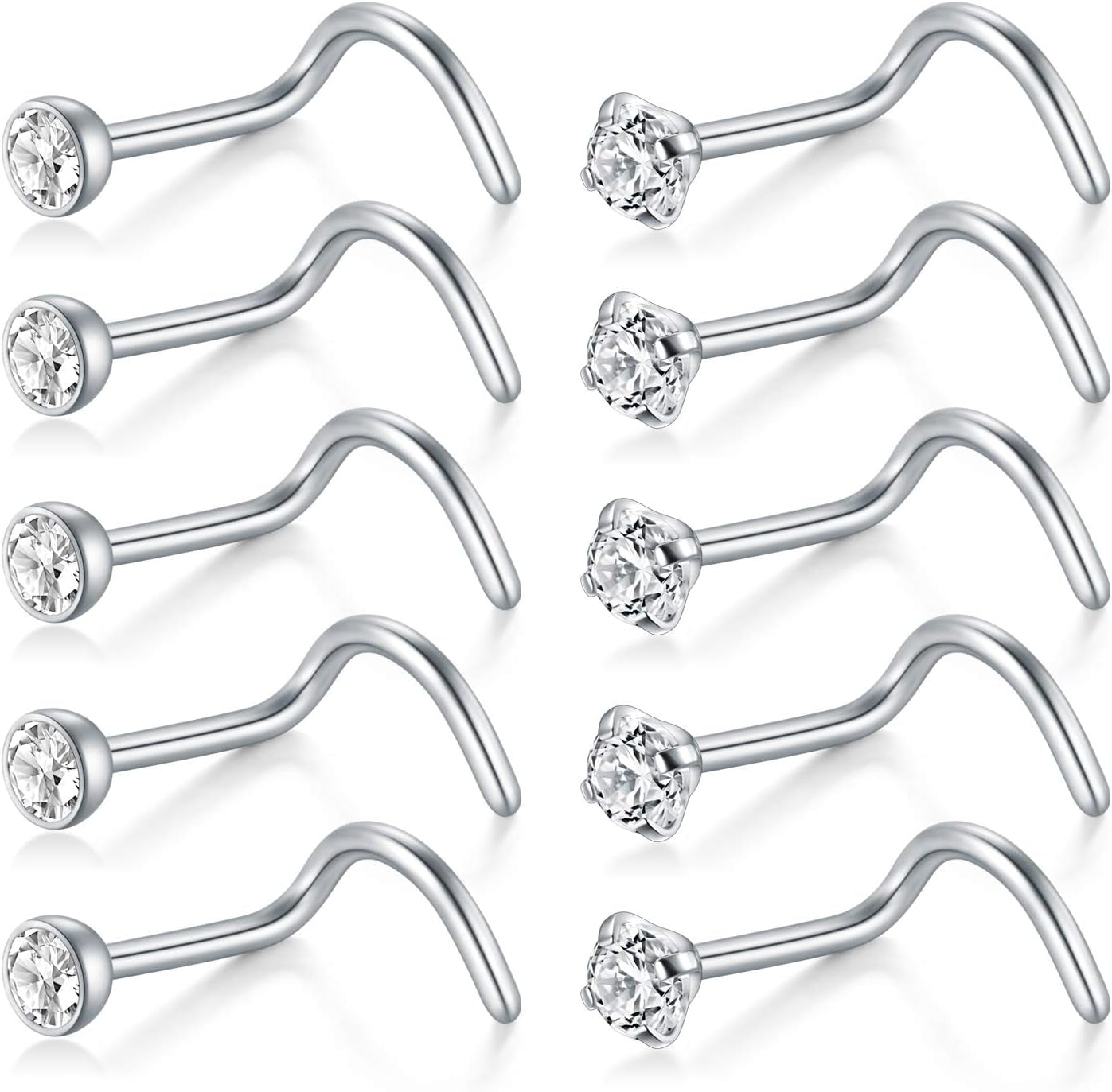 D.Bella Nose Rings 10Pcs 18G Nose Screw Rings Studs Surgical Steel Piercing Jewelry 2Mm Clear CZ Silver