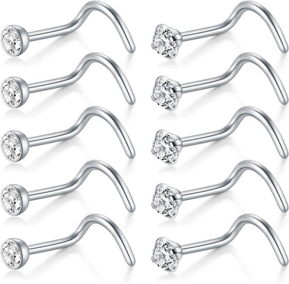D.Bella Nose Rings 10Pcs 18G Nose Screw Rings Studs Surgical Steel Piercing Jewelry 2Mm Clear CZ Silver