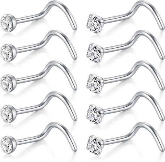 D.Bella Nose Rings 10Pcs 18G Nose Screw Rings Studs Surgical Steel Piercing Jewelry 2Mm Clear CZ Silver
