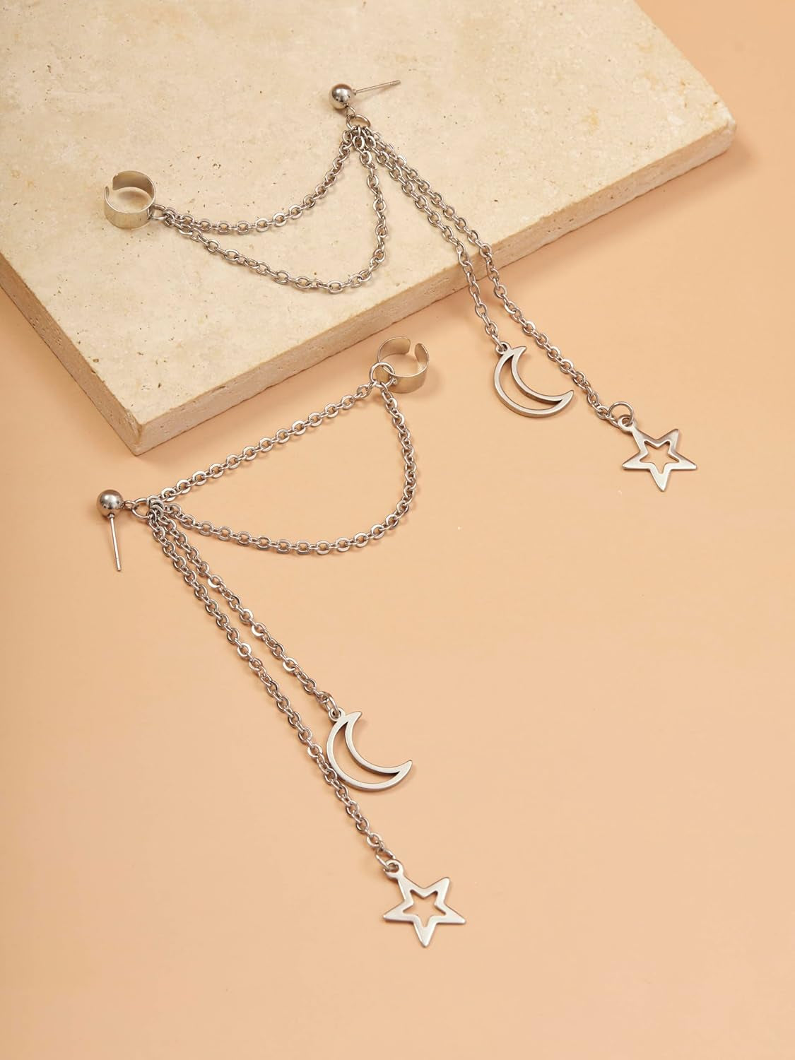 Sacina Goth Punk Silver-Tone-Tone Moon and Star Earrings, Ear Cuff Gothic Punk Earrings, Emo Christmas Jewelry Gifts for Women