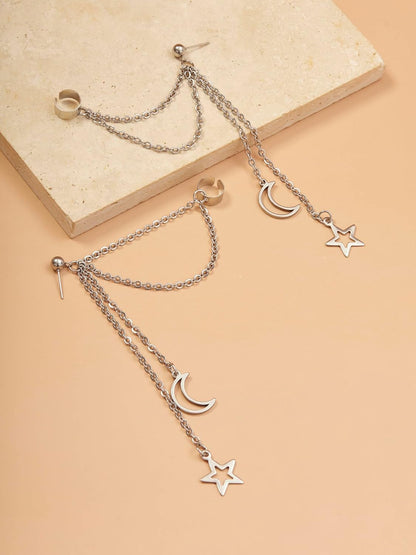 Sacina Goth Punk Silver-Tone-Tone Moon and Star Earrings, Ear Cuff Gothic Punk Earrings, Emo Christmas Jewelry Gifts for Women