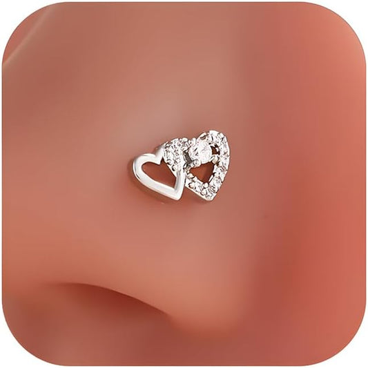 14K Gold Plated Heart Nose Stud for Women Silver Plated Heart Nose Ring with Faux Diamond CZ Hearts Noses Rings Piercing Jewelry