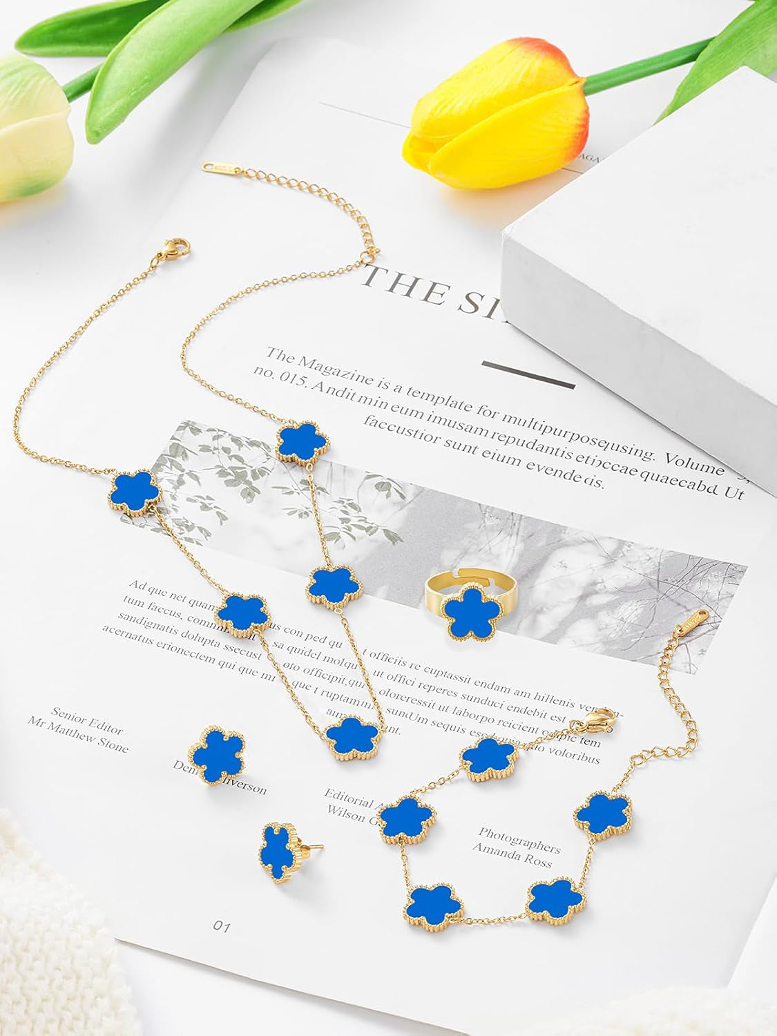 Gold Plated Five Leaf Clover Necklace Bracelet Rings and Stud Earrings Set for Women Lucky Flower Jewelry