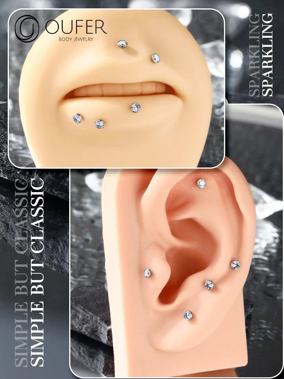 OUFER 2Pcs 20G/18G/16G G23 Titanium Threadless Nose Stud Earrings Flat Back Tiny CZ Small Nose Helix Cartilage Tragus Conch Labret Medusa Monroe Piercing Jewelry for Women Men
