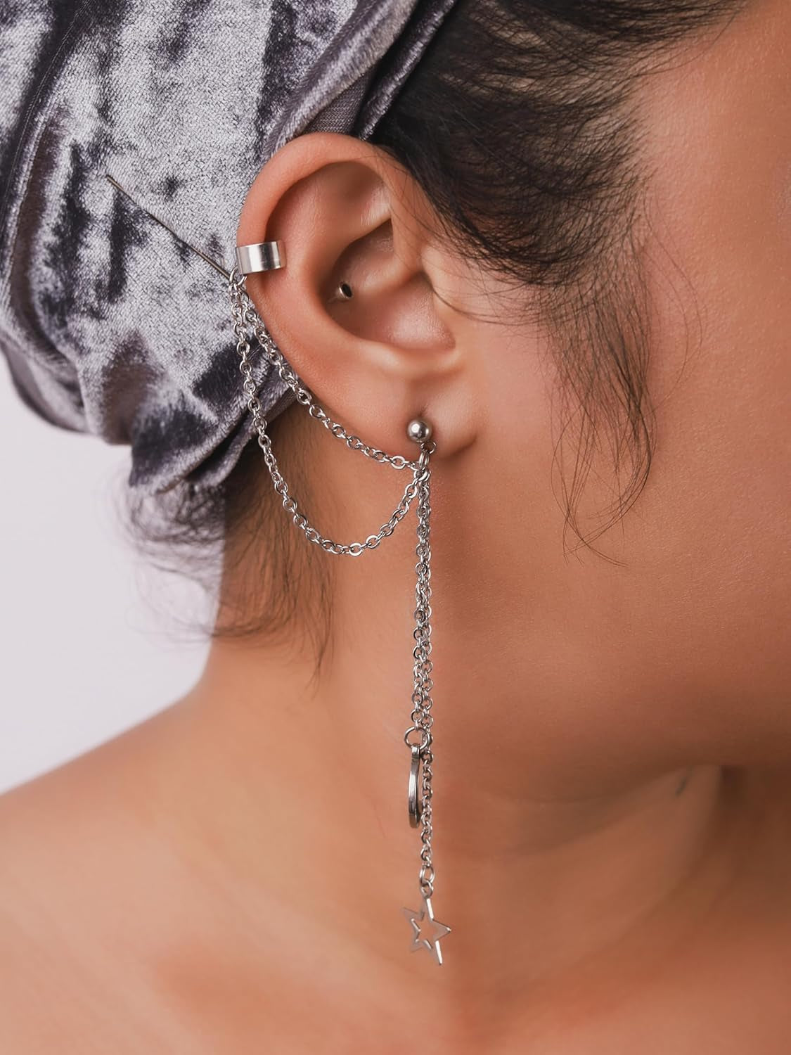 Sacina Goth Punk Silver-Tone-Tone Moon and Star Earrings, Ear Cuff Gothic Punk Earrings, Emo Christmas Jewelry Gifts for Women