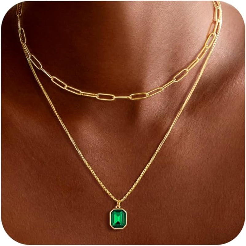 Christmas Gifts for Women Teen Girls - Birthstone Necklace for Women Girls Dainty Layered Gold Necklace for Women with 12 Month Rectangle Birthstone Pendant Paperclip Box Chain Choker Necklace