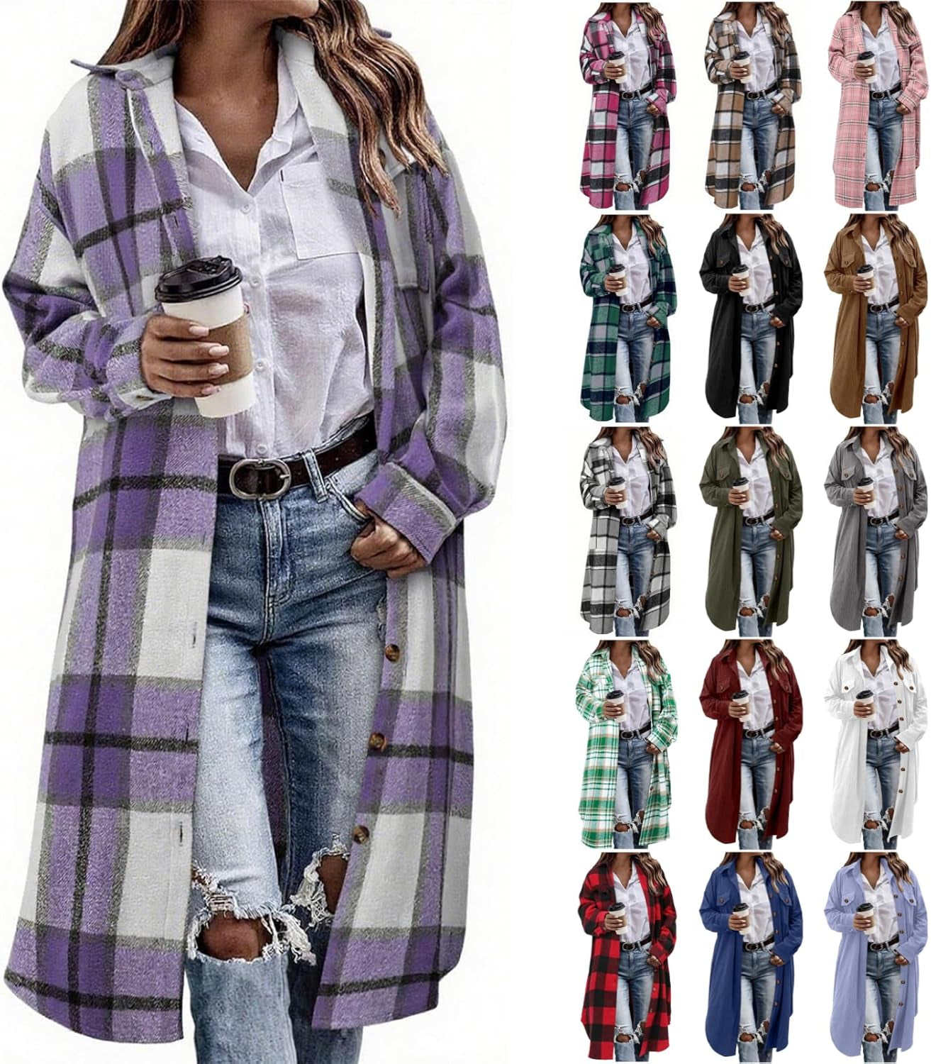 Flannel Shirt Women Plaid Jacket Womens Shacket Casual Lapel Button down Long Sleeve Trench Coat Warm Winter Jackets