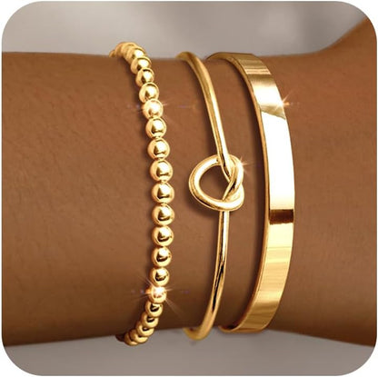 Gold Bracelets for Women 18K Gold Plated Bracelet Stack Bangle Cuff Bracelet Set for Women Non Tarnish Beaded/Paperclip/Cuban Link Chain Bracelets Jewelry for Women Trendy