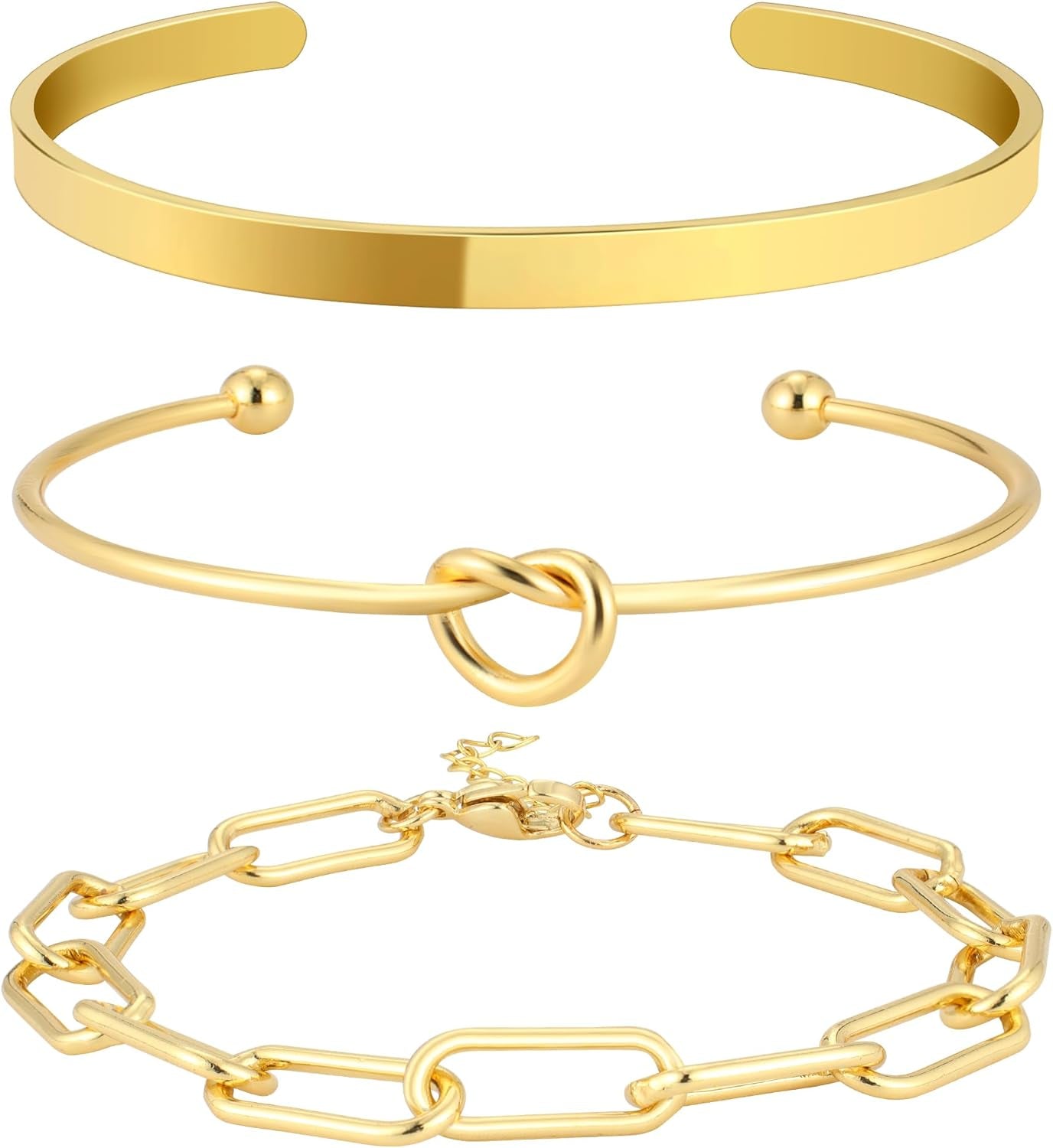 Woman wearing trendy gold plated stackable bangle set