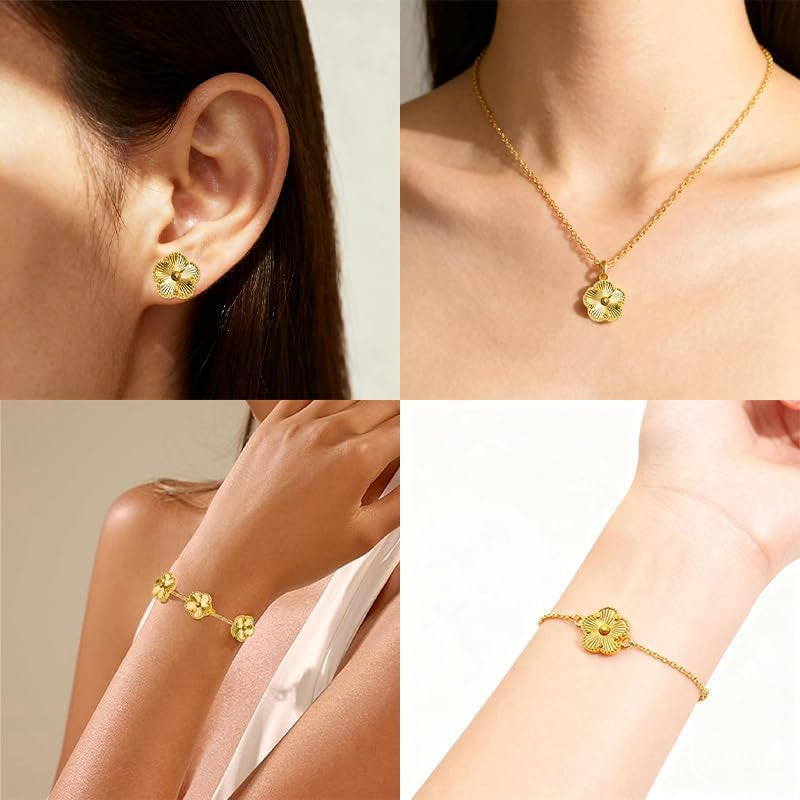 Freinit 4Pcs Gold Necklace Earrings Bracelet Set, 18K Gold Plated Flower Jewelry Set Floral Pendant Stud Gold Jewelry Sets for Women,Christmas Birthday Lucky Gift for Mom Wife Daughter GF