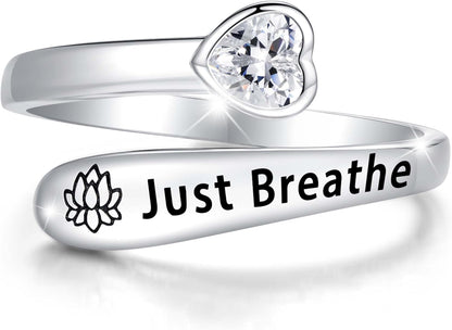 925 Sterling Silver Just Breathe Ring for Women Adjustable Heart Ring Personality Inspirational Jewelry Gifts
