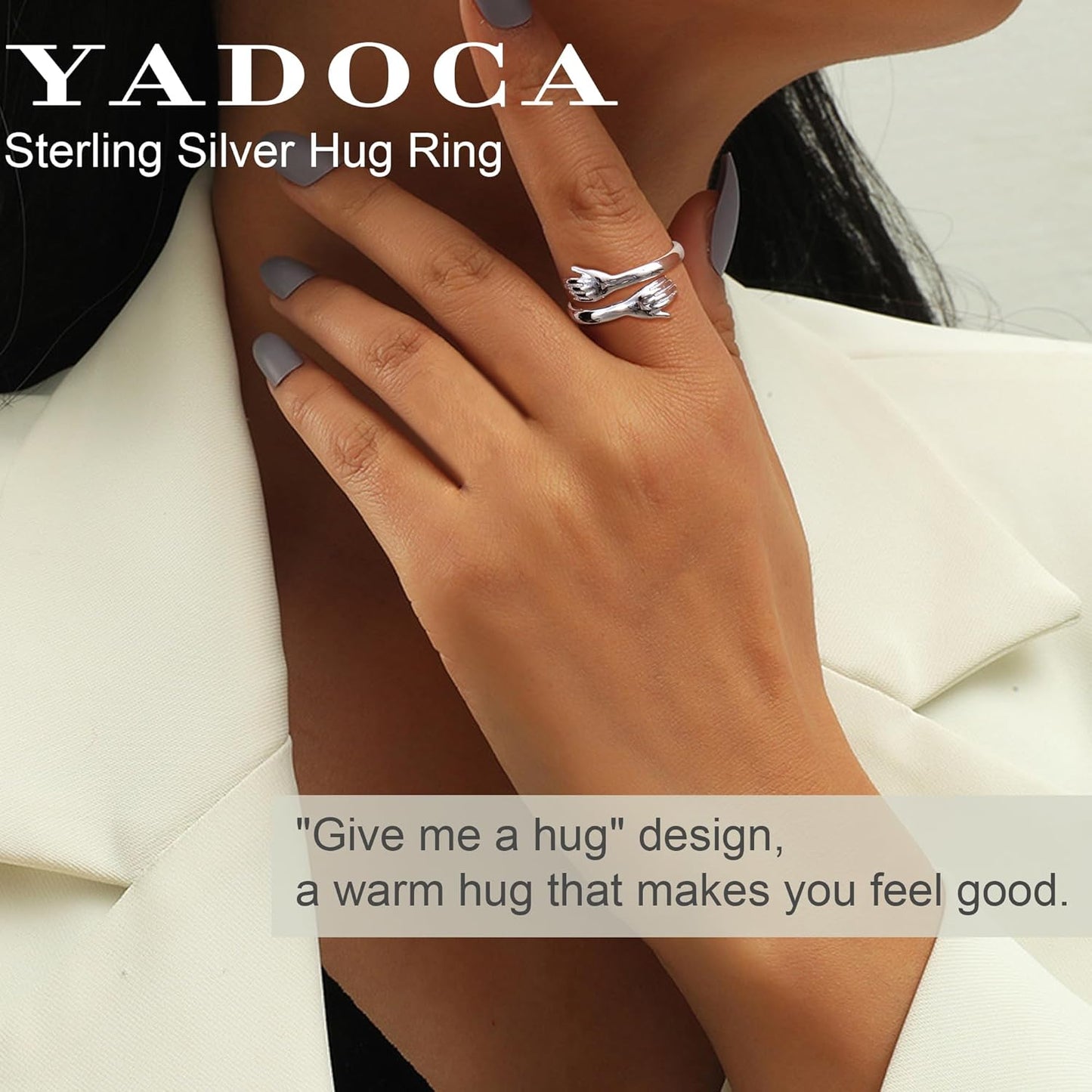 YADOCA 925 Sterling Silver Hug Ring for Women Men Adjustable Hugging Hands Open Love Promise Friendship Wedding Ring