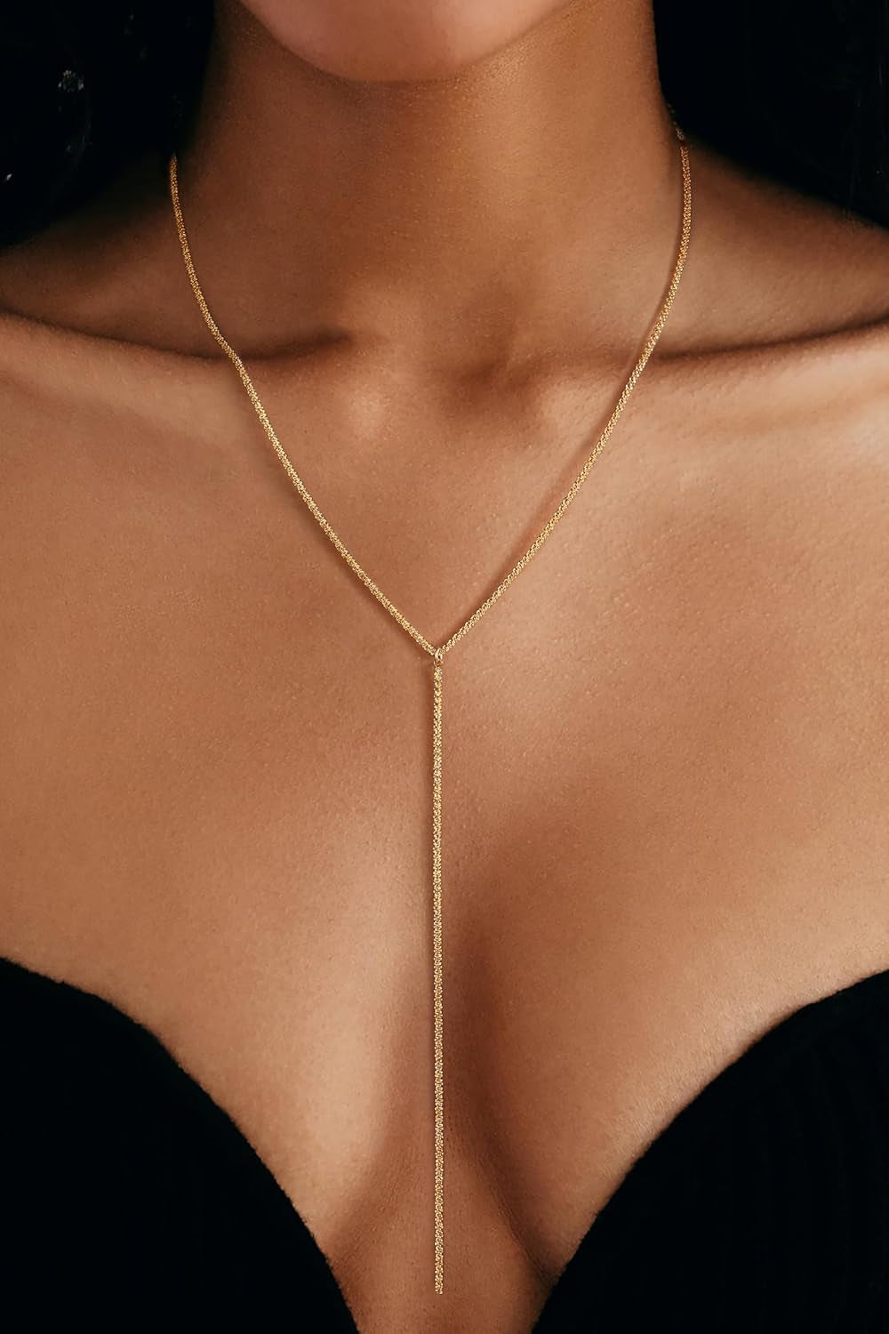 Gold and Silver Plated Layered Long Necklace for Women, Statement Y Body Chain, Sexy Dangle Drop Beach Boho Bolo Cleavage Necklace for Vacation or Prom