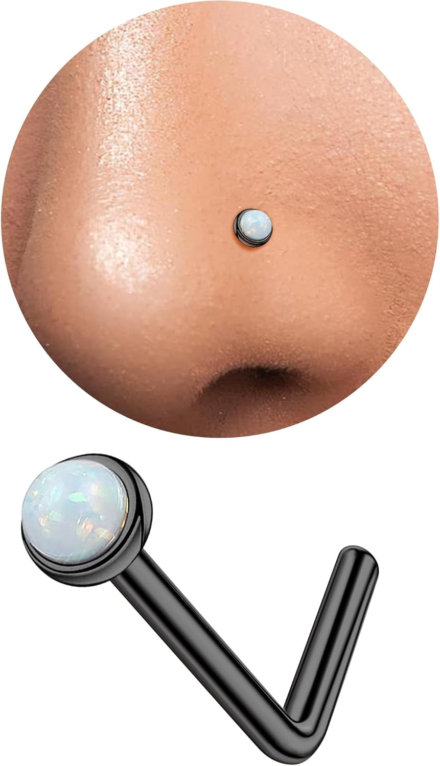 3Mm G23 Titanium Opal Nose Rings Studs Hypoallergenic L Shaped Screw Small Nose Rings for Women Men 20G Handmade 14K Gold Plated Nose Nostril Piercing Jewelry