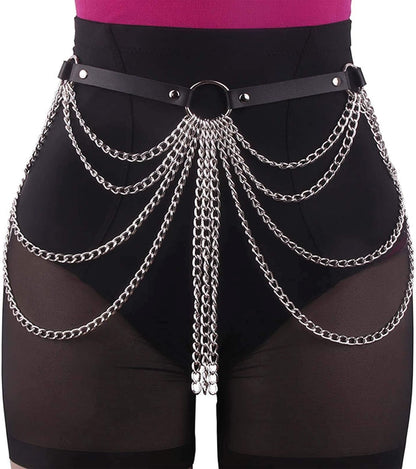 REETAN Rave Waist Chain Belt Punk Black Leather Body Accessories for Women