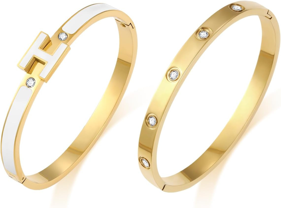 H Bracelets for Women 18K Gold Plated Bangle Bracelet Stack Cubic Zirconia Love Bangle Bracelets Set Gold Bracelet Stackable Trendy Jewelry Birthdays Christmas Gifts for Women