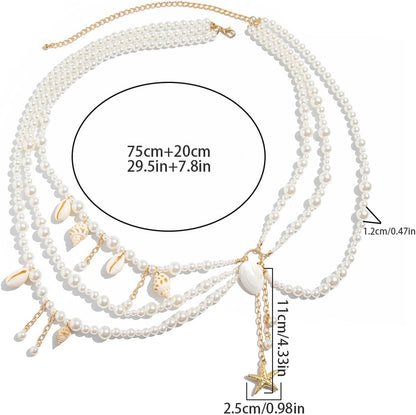 Summer Beach Shell Conch Pendant Waist Chain Belt Festival Rave Pearl Waist Body Chain Multi-Layered Pearl Belly Chain Jewelry Outfit Dress Body Jewelry for Women