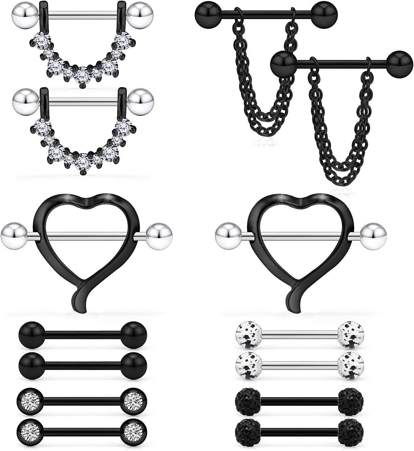 Ruifan 14G 9/16Inch Crystal Ball Nipple Tongue Shield Ring Barbell Body Piercing Jewelry Retainer 8-14PCS