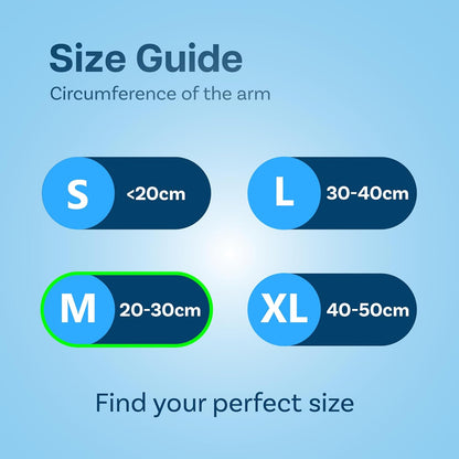 Measurement guide showing 8 to 12 inch arm circumference fit for armband