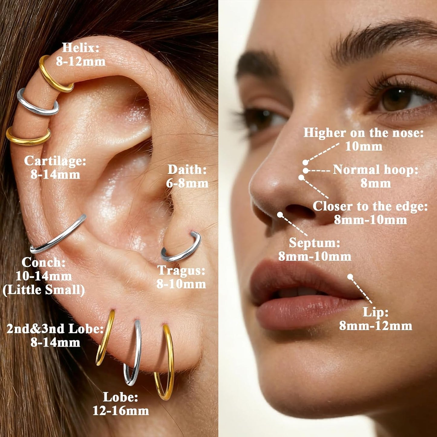 Hypoallergenic 10PCS 16G Large Nose Rings Hoops Set for Women Men, Gold/Silver 316L Surgical Stainless Steel Nose Hoops Hinged Clicker Earrings for Nose Cartilage Body Piercing Jewelry 8/10/12/14/16Mm