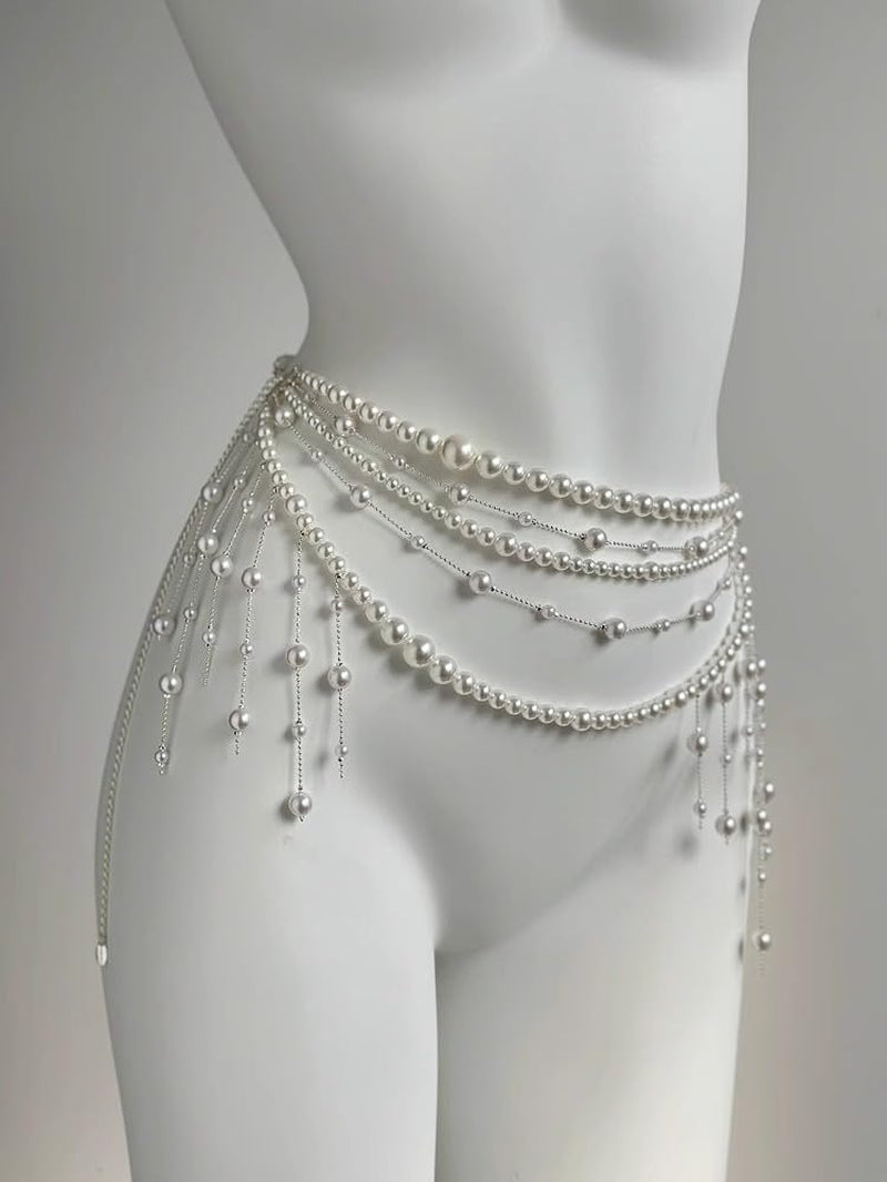Pearl Tassel Wasit Chain for Women Body Chain Multi-Layer White Pearl Tassel Belly Chain Belts for Women Long Tassel Pendant Layered Pearls Belt for Dresses Wedding Bridal Rave Body Jewelry Accessories