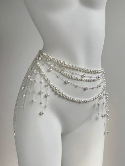 Pearl Tassel Wasit Chain for Women Body Chain Multi-Layer White Pearl Tassel Belly Chain Belts for Women Long Tassel Pendant Layered Pearls Belt for Dresses Wedding Bridal Rave Body Jewelry Accessories