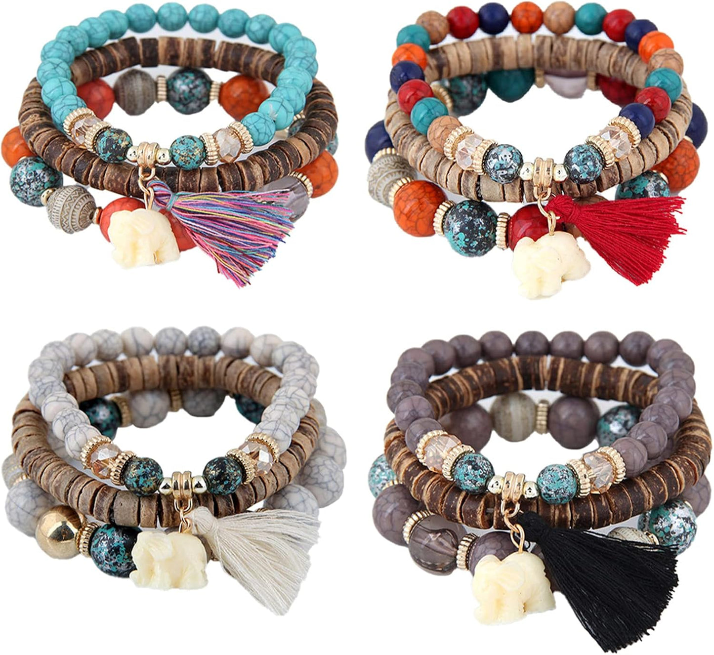 Caiyao Bohemian Stackable Wood Wooden Beads Elephant Charm Tassel Stretchy Bracelet Set for Women Men Multilayered Multicolor Acrylic Resin Seeds Bracelet Ethnic Jewelry Gift