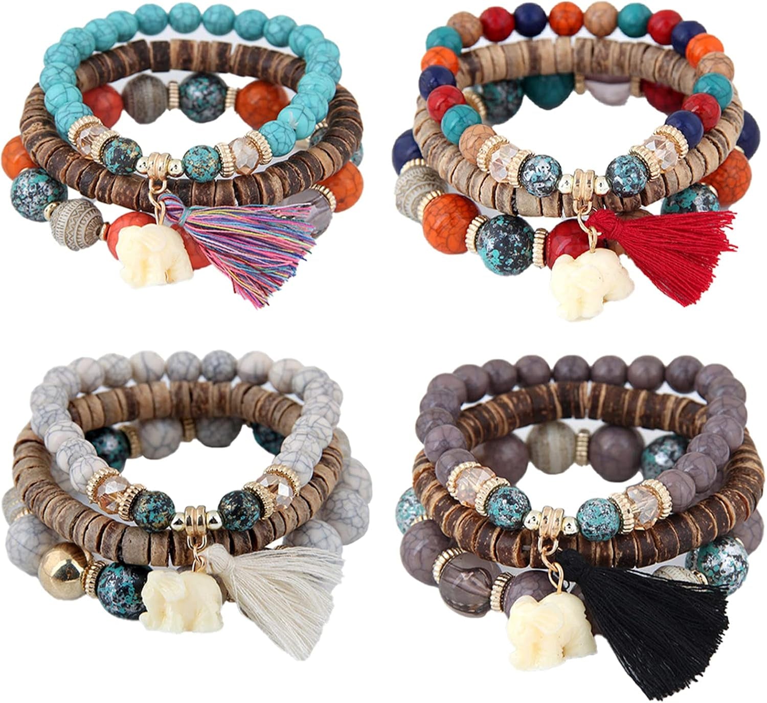 Caiyao Bohemian Stackable Wood Wooden Beads Elephant Charm Tassel Stretchy Bracelet Set for Women Men Multilayered Multicolor Acrylic Resin Seeds Bracelet Ethnic Jewelry Gift