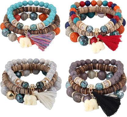 Caiyao Bohemian Stackable Wood Wooden Beads Elephant Charm Tassel Stretchy Bracelet Set for Women Men Multilayered Multicolor Acrylic Resin Seeds Bracelet Ethnic Jewelry Gift