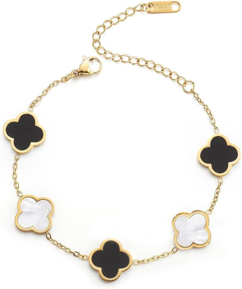 Women'S Four Leaf Clover 18K Gold Plated Lucky Bracelet, White/Black/Red/Blue Four Leaf Flower Adjustable Bracelet Women'S Fashion Jewelry Gifts