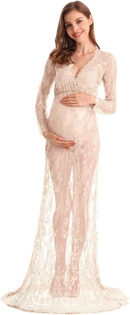 MYRISAM Boudoir Maternity Long Sleeve Lace Dress Women Deep V-Neck Wedding Party Long Dress Milk Bath Photoshoot Gown