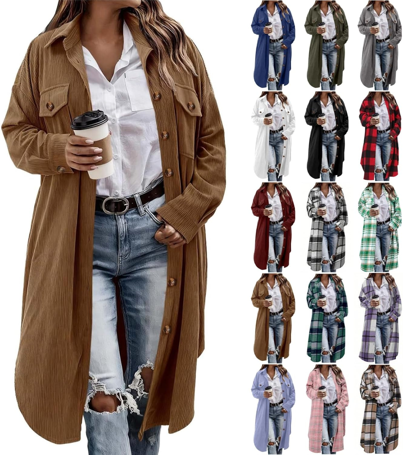 Flannel Shirt Women Plaid Jacket Womens Shacket Casual Lapel Button down Long Sleeve Trench Coat Warm Winter Jackets